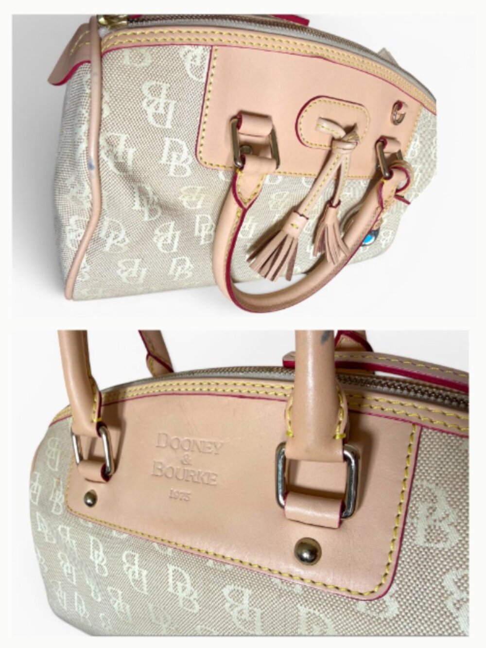 Dooney & Bourke Beige DB Monogram Canvas Bowler Satchel Leather Tassel Charm Bag - Picture 7 of 12